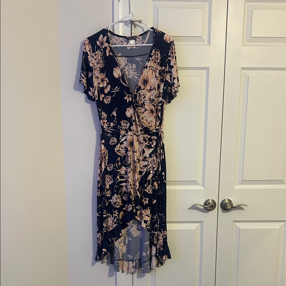 VENUS Navy Blue and Blush Floral High-Low Wrap Dress - Size L